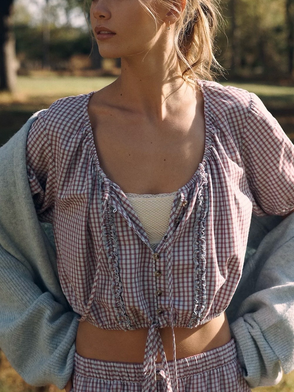 Anthropologie LyreBird Short-Sleeve Flannel Boho Buttondown Crop Top Peasant